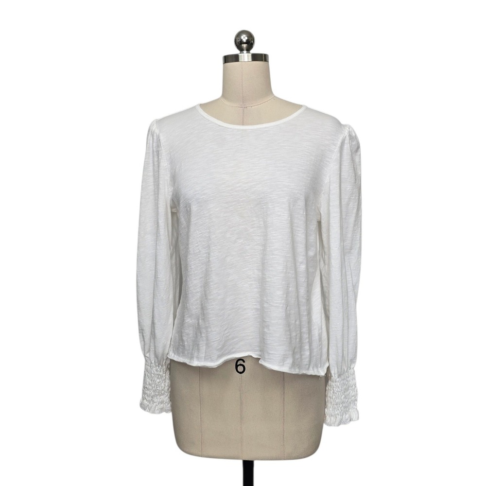 ME+EM White Slub Cotton Puff Sleeve Top Smocked Ruffle Cuff Women's Size US 10